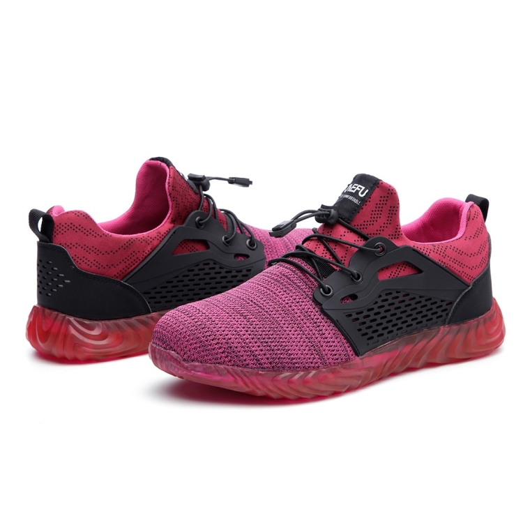 Jiefu Flying Knitted Air Permeable Insulating Steel Head Anti Smashing Shoes Anti Piercing Safety Labor Protection Shoes (Color:Rose Red Size:36)