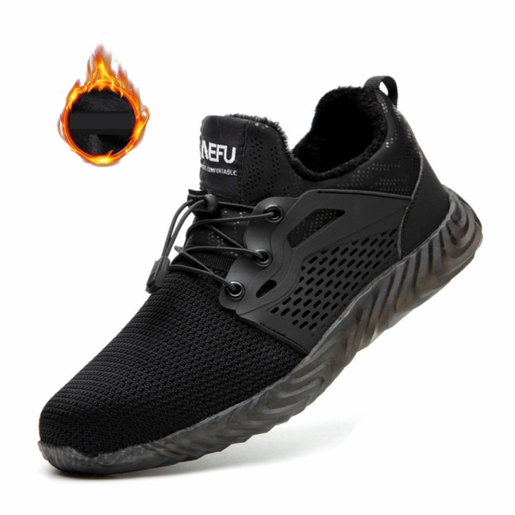 Jiefu Plush Flying Knitted Air Permeable Insulating Steel Head Anti Smashing And Anti Piercing Safety Shoes (Color:Black Size:38)