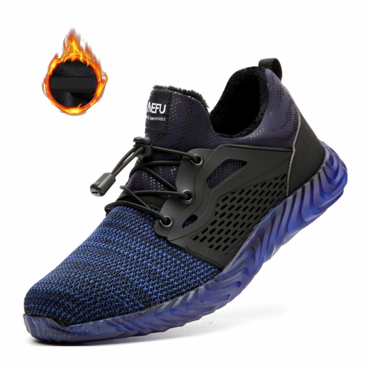 Jiefu Plush Flying Knitted Air Permeable Insulating Steel Head Anti Smashing And Anti Piercing Safety Shoes (Color:Blue Size:45)