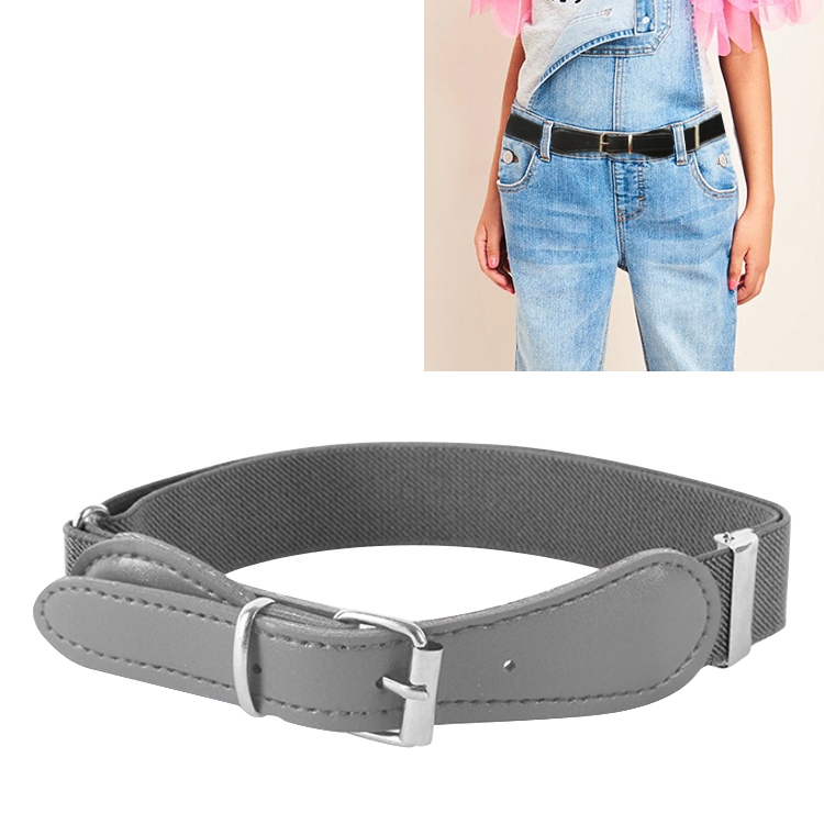 Kids Polyester + PU Leather Square Pin Buckle Adjustable Elastic Belt, Length:65cm(Grey)