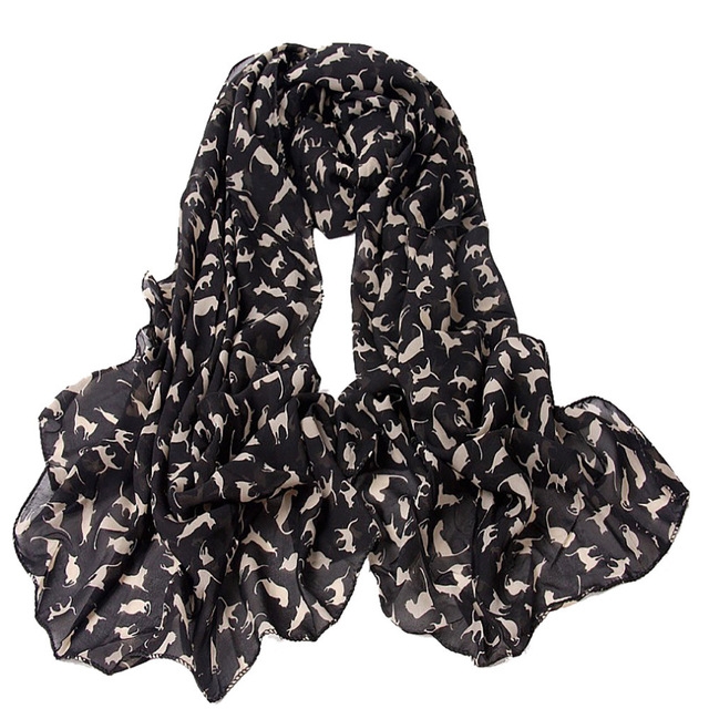 Ladies Cats Printed Chiffon Scarf, Length: 150cm x 60cm(Black)