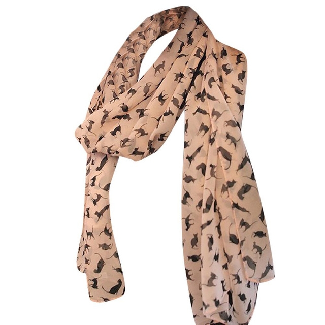 Ladies Cats Printed Chiffon Scarf, Length: 150cm x 60cm(Khaki)