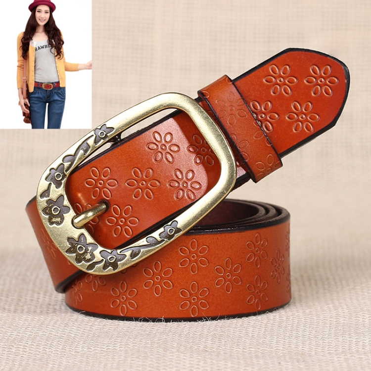 Ladies Plum Blossom Pattern Metal Buckle PU Leather Belt( Brown)