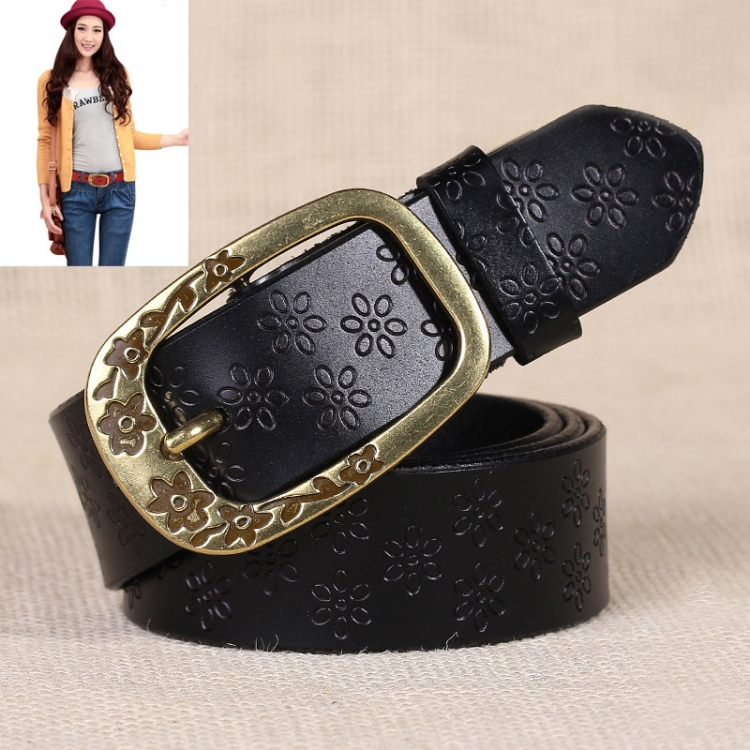 Ladies Plum Blossom Pattern Metal Buckle PU Leather Belt(Black)
