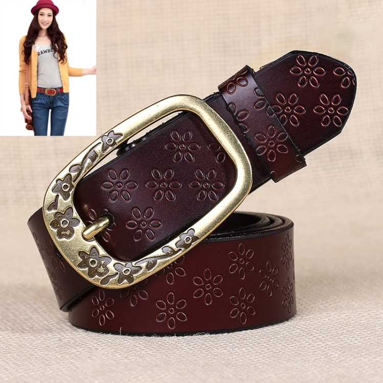 Ladies Plum Blossom Pattern Metal Buckle PU Leather Belt(Coffee)