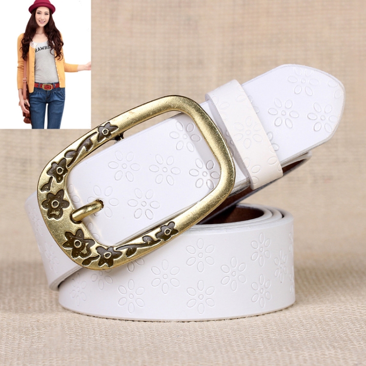 Ladies Plum Blossom Pattern Metal Buckle PU Leather Belt(White)