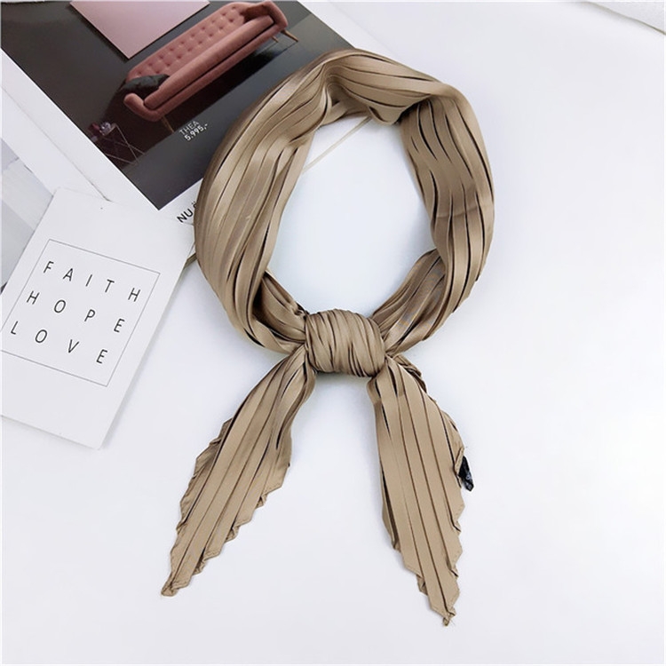 Ladies Retro Style Pleated Diamond Square Scarf Silk Scarf, Length: 70cm(Khaki)