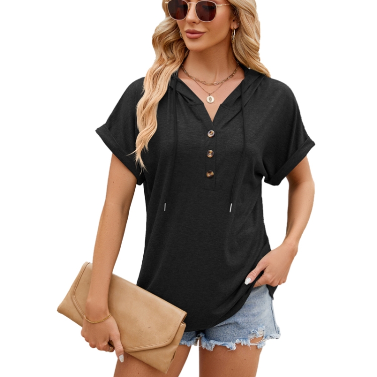 Ladies Summer Hooded Button Loose Short Sleeve T-Shirt Blouse, Size: L(Black)