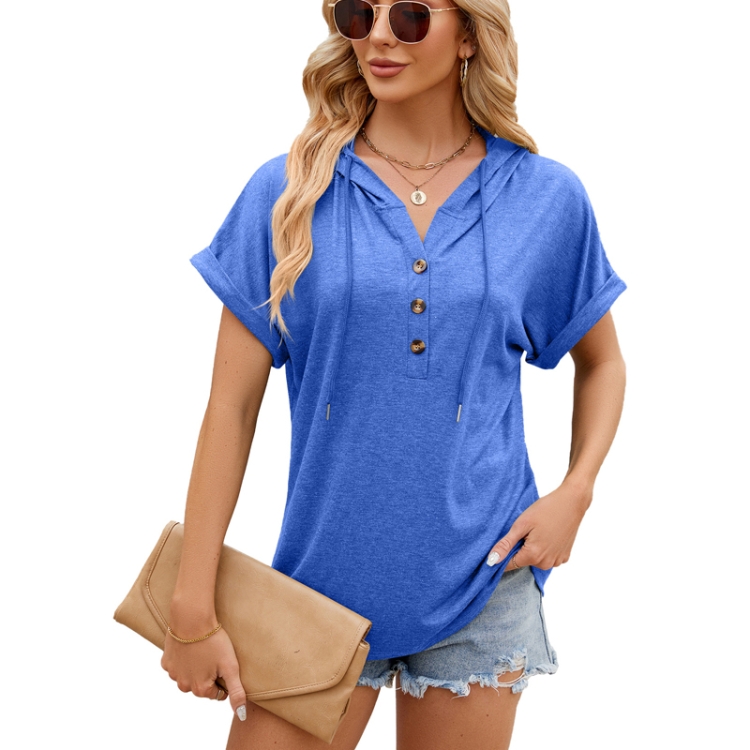 Ladies Summer Hooded Button Loose Short Sleeve T-Shirt Blouse, Size: M(Blue)