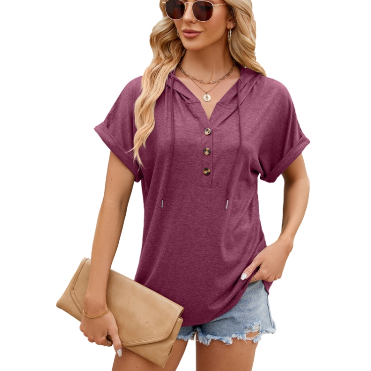 Ladies Summer Hooded Button Loose Short Sleeve T-Shirt Blouse, Size: M(Wine Red)