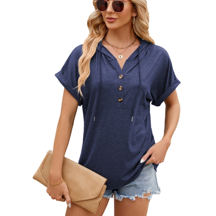 Ladies Summer Hooded Button Loose Short Sleeve T-Shirt Blouse, Size: S(Navy)