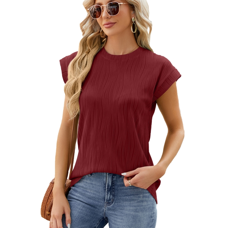 Ladies Summer Round Neck Loose Short Sleeve T-Shirt, Size: XL(Wine Red)
