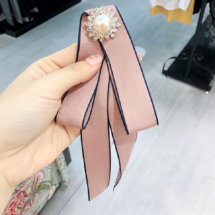 Ladies Wild Long Bow Tie Pearl Rhinestone Bow-knot Brooch Clothing Accessories(Pink)