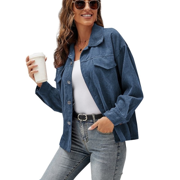Lapel Long Sleeve Corduroy Jacket Shirt Loose Casual Cardigan Jacket for Ladies (Color:Blue Size:XXL)