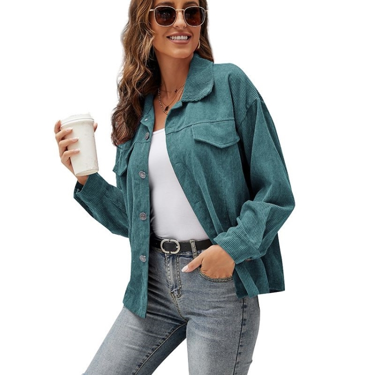 Lapel Long Sleeve Corduroy Jacket Shirt Loose Casual Cardigan Jacket for Ladies (Color:Green Size:S)