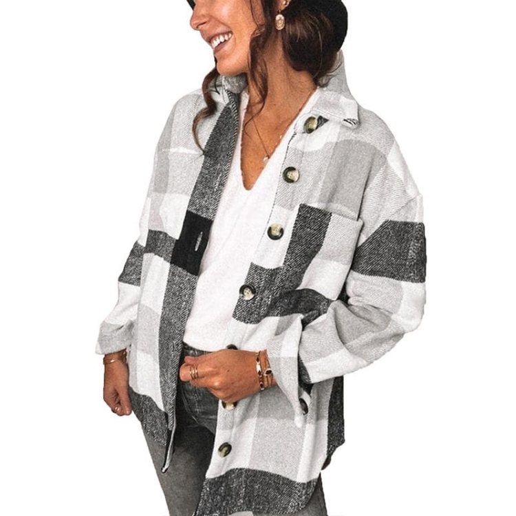 Lapel Long Sleeve Flannel Check Shirt Loose Casual Cardigan Jacket for Ladies (Color:Black And White Size:XL)
