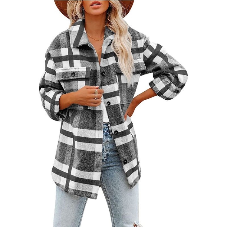Lapel Long Sleeve Flannel Check Shirt Loose Casual Cardigan Jacket for Ladies (Color:Black And White Size:XXL)