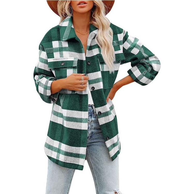 Lapel Long Sleeve Flannel Check Shirt Loose Casual Cardigan Jacket for Ladies (Color:Green Size:L)