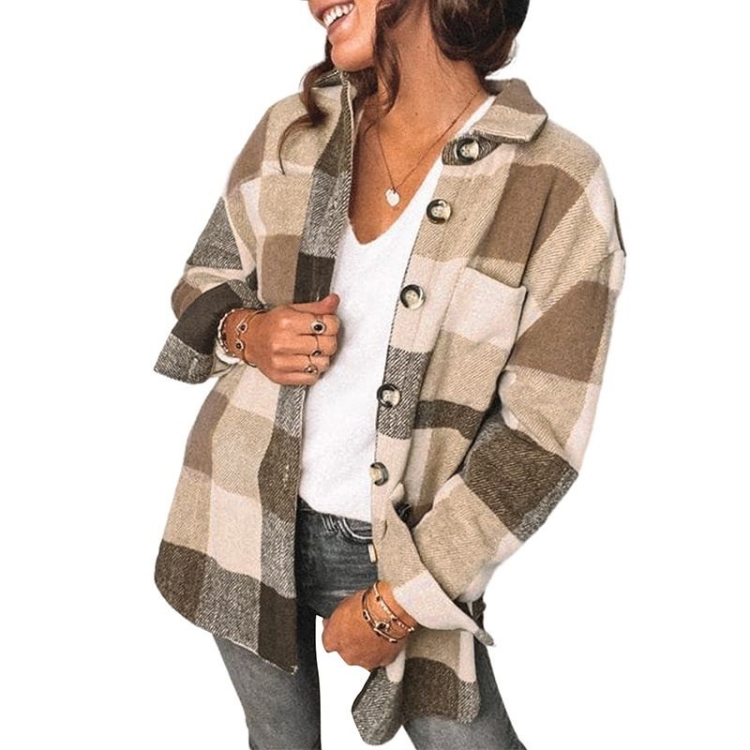 Lapel Long Sleeve Flannel Check Shirt Loose Casual Cardigan Jacket for Ladies (Color:Khaki Size:S)
