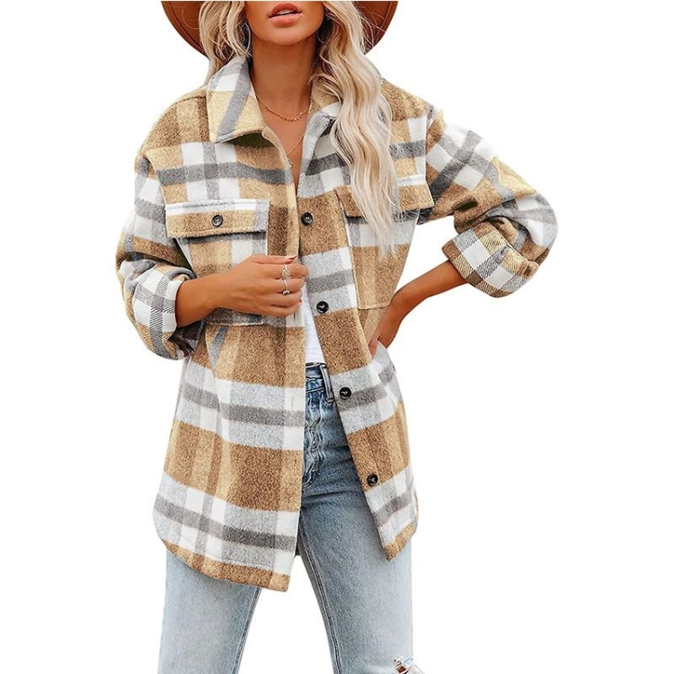 Lapel Long Sleeve Flannel Check Shirt Loose Casual Cardigan Jacket for Ladies (Color:Khaki Size:XXL)