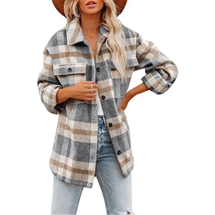 Lapel Long Sleeve Flannel Check Shirt Loose Casual Cardigan Jacket for Ladies (Color:Light Gray Size:S)