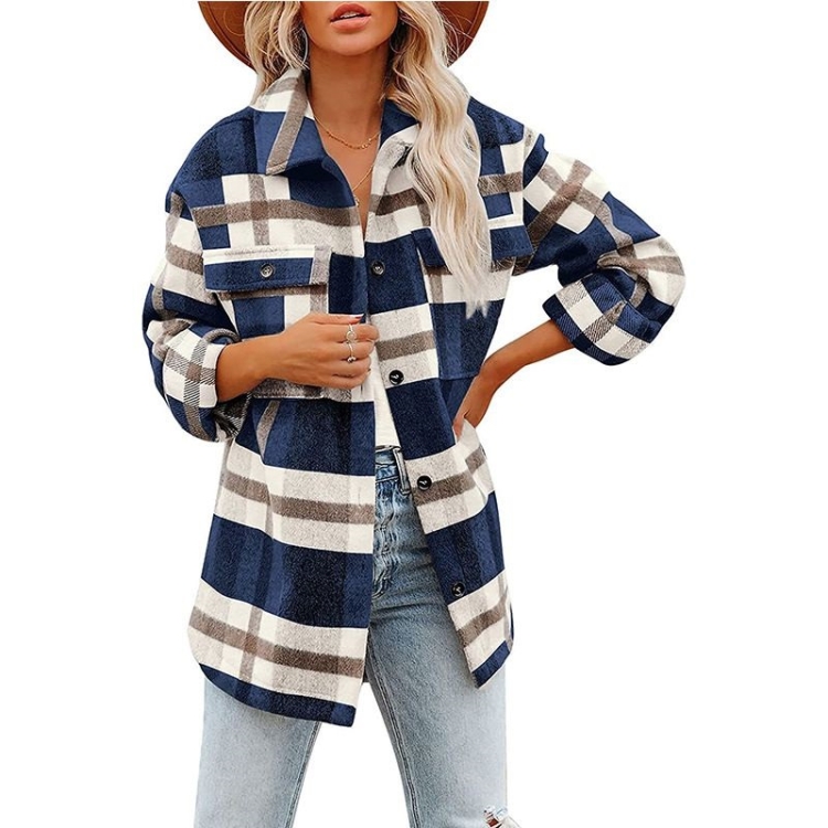 Lapel Long Sleeve Flannel Check Shirt Loose Casual Cardigan Jacket for Ladies (Color:Navy Blue Size:XL)