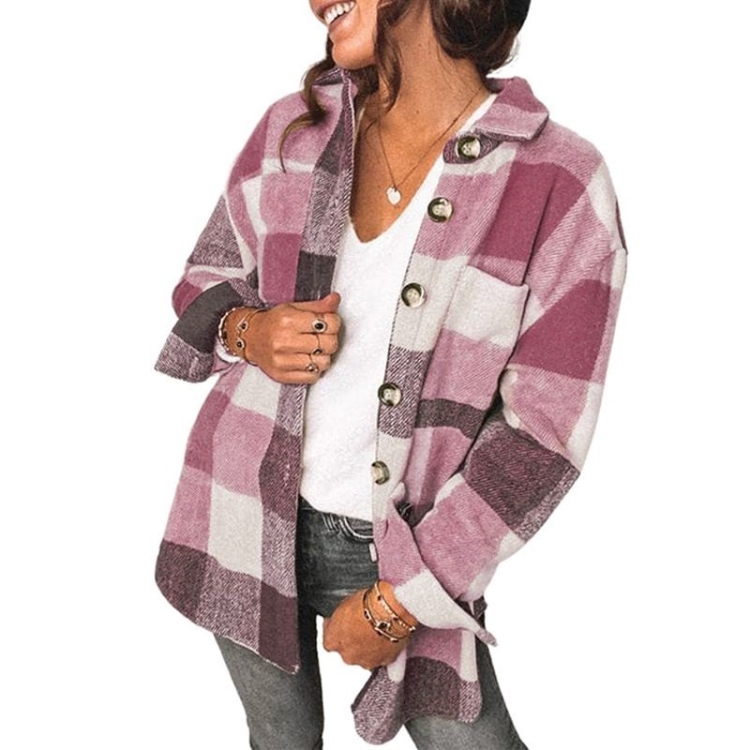 Lapel Long Sleeve Flannel Check Shirt Loose Casual Cardigan Jacket for Ladies (Color:Purple Red Size:M)