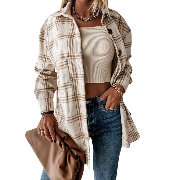 Lapel Long-sleeved Plaid Cardigan Shirt Loose Casual Woolen Coat for Ladies (Color:Apricot Size:XL)