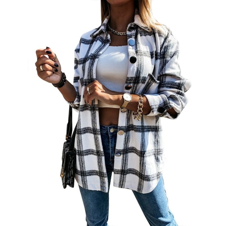 Lapel Long-sleeved Plaid Cardigan Shirt Loose Casual Woolen Coat for Ladies (Color:White Size:S)