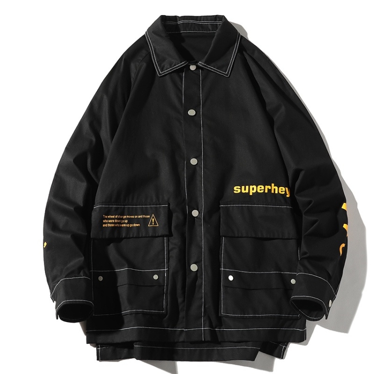 Letters Print Long Sleeve Coat Casual Jacket for Men (Color:Black Size:XXXL)