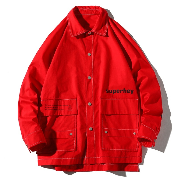 Letters Print Long Sleeve Coat Casual Jacket for Men (Color:Red Size:XL)