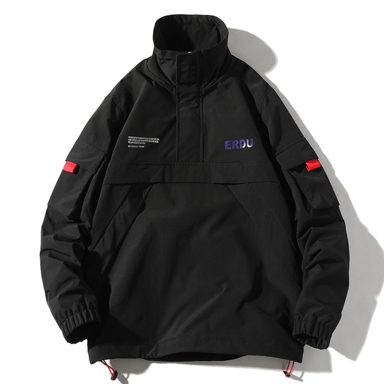 Letters Printed Stand Collar Pullover Coat Loose Casual Jacket for Men (Color:Black Size:L)