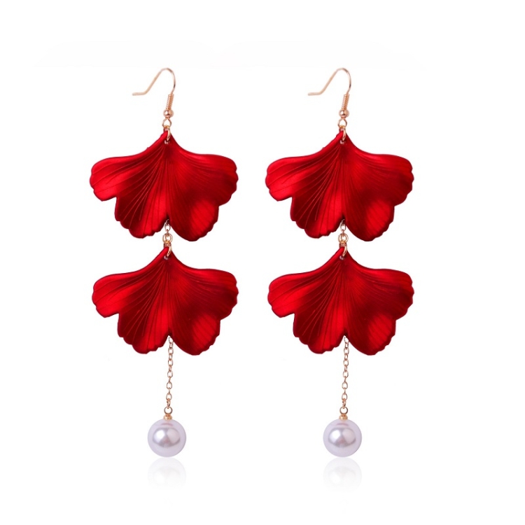 Long Exaggerated Fabric Art Handmade Petal Earrings, Color: E1910-3 2 Sides Maple Leaves