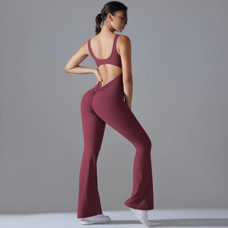 Long Yoga Backless Hip Lift Slimming Wide-leg Bodysuit, Size: L(Maroon)