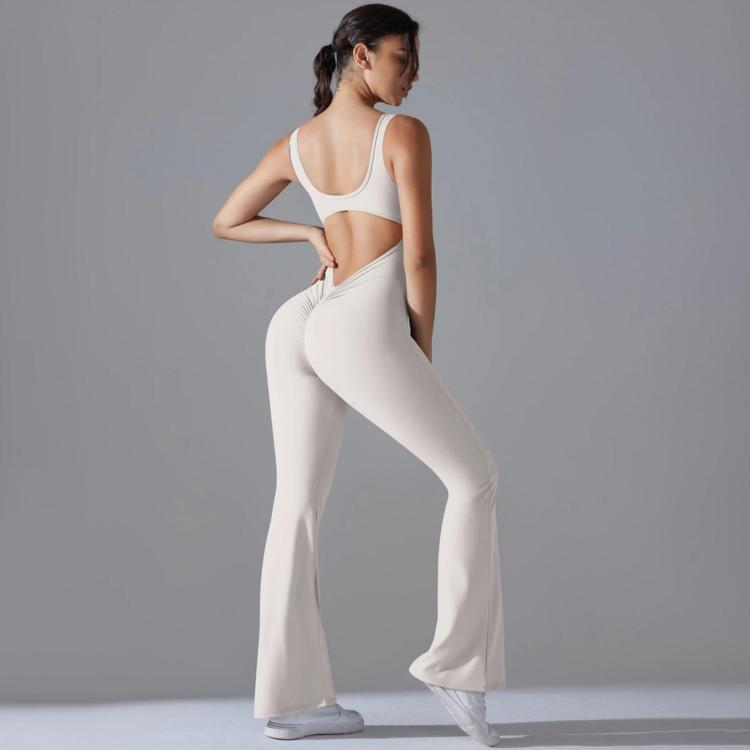 Long Yoga Backless Hip Lift Slimming Wide-Leg Bodysuit, Size: L(White-gray)