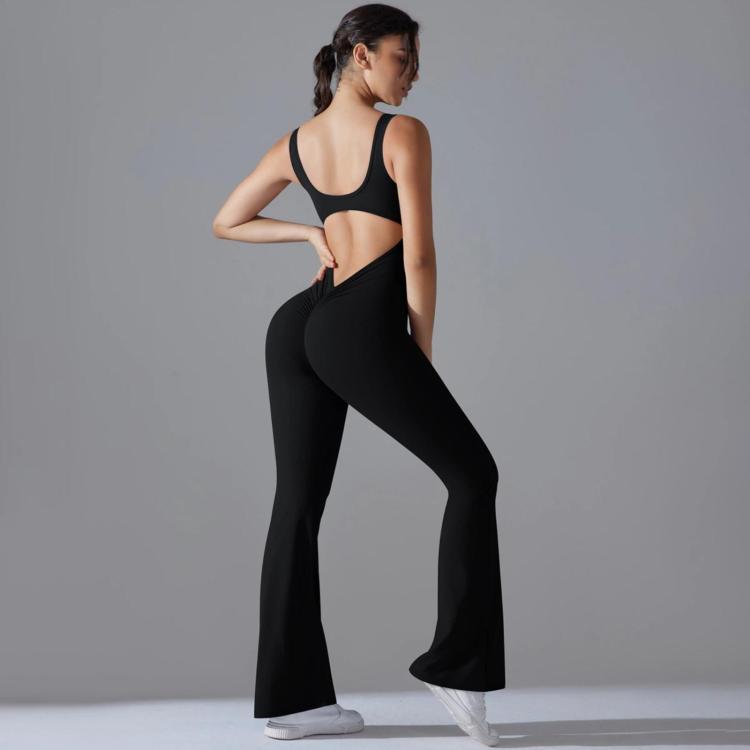 Long Yoga Backless Hip Lift Slimming Wide-leg Bodysuit, Size: M(Black)