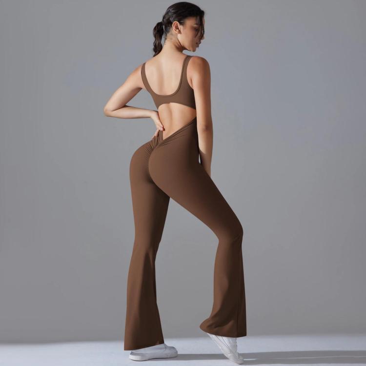 Long Yoga Backless Hip Lift Slimming Wide-Leg Bodysuit, Size: M(Chestnut)
