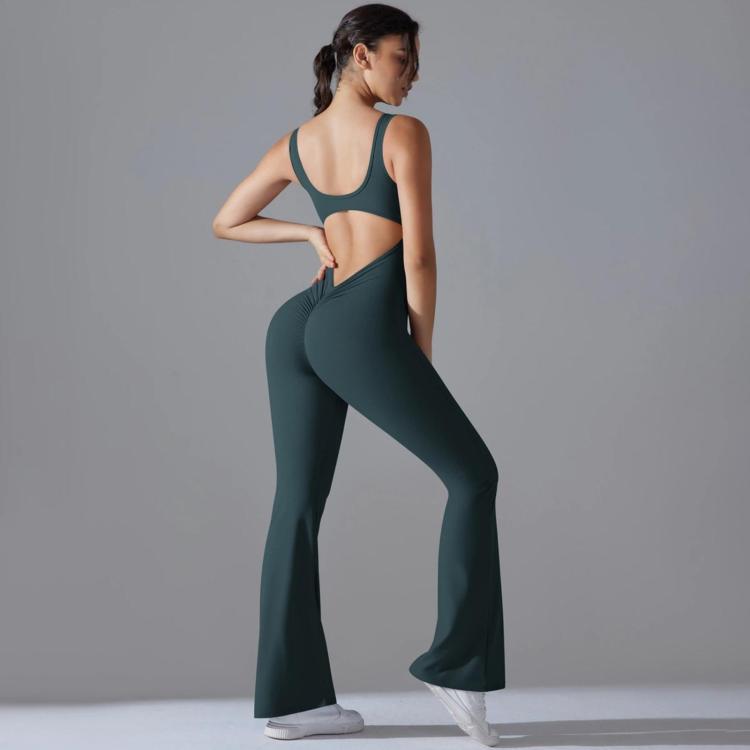 Long Yoga Backless Hip Lift Slimming Wide-leg Bodysuit, Size: XL(Wood Green)