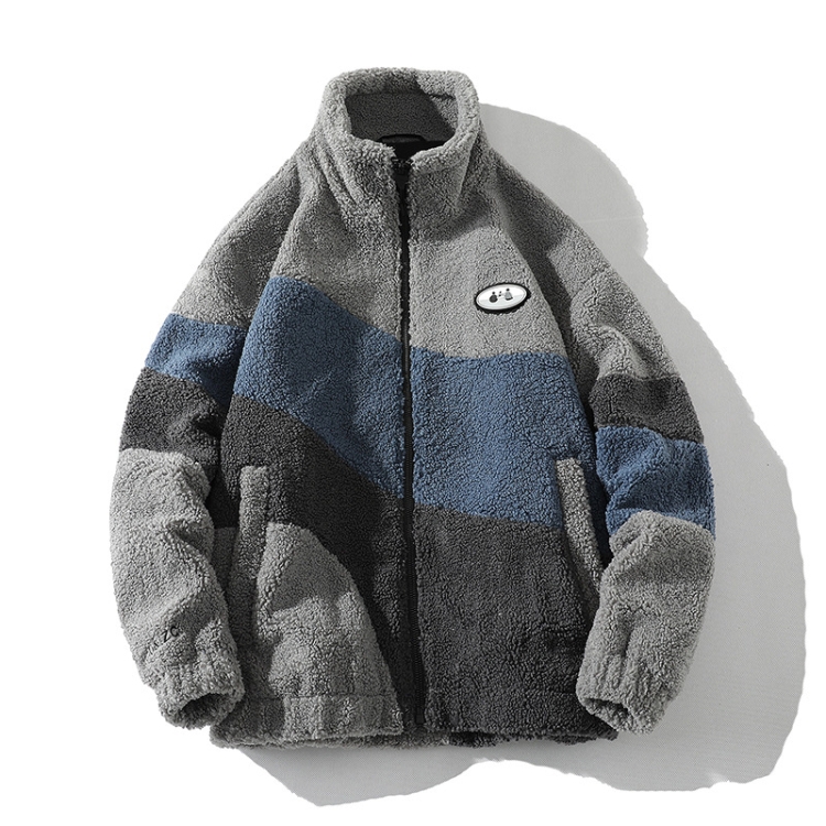 Loose Patchwork Colorblocked Lambskin Coat Men Jacket, Size: M(Gray)