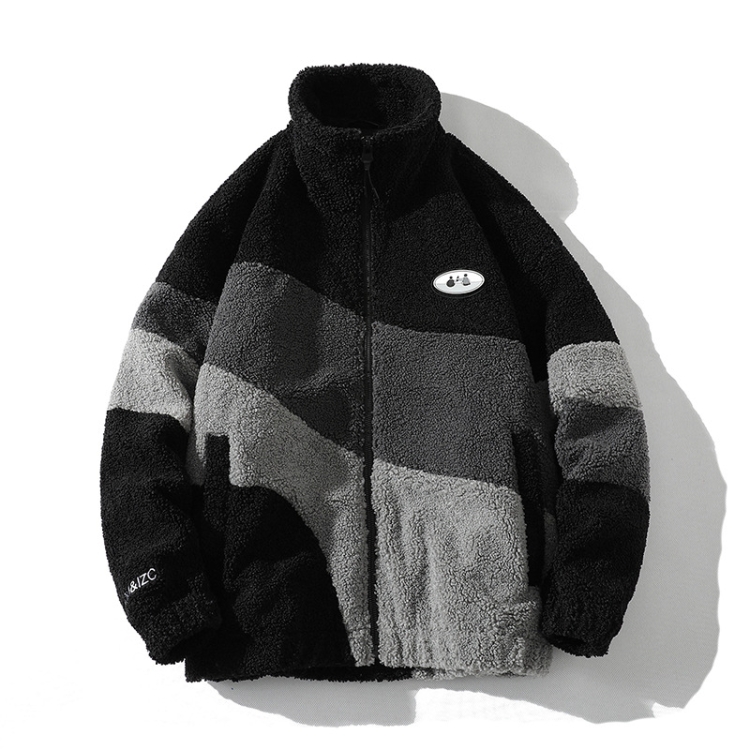 Loose Patchwork Colorblocked Lambskin Coat Men Jacket, Size: XL(Black)