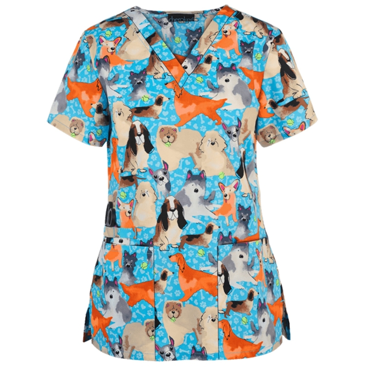 Loose Printed Hedging Thin T-shirt Nurse Uniform (Color:Blue Size:XXL)