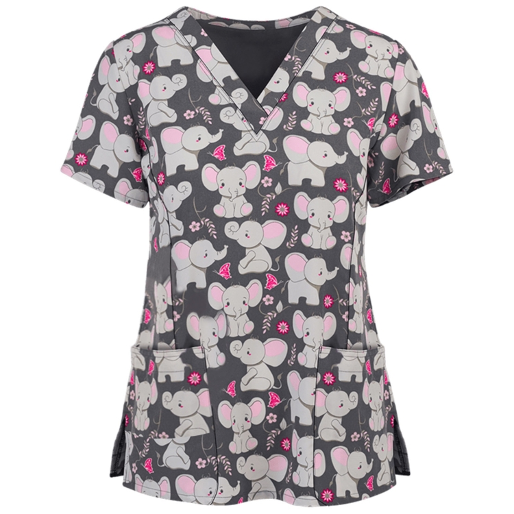 Loose Printed Hedging Thin T-shirt Nurse Uniform (Color:Gray Size:L)