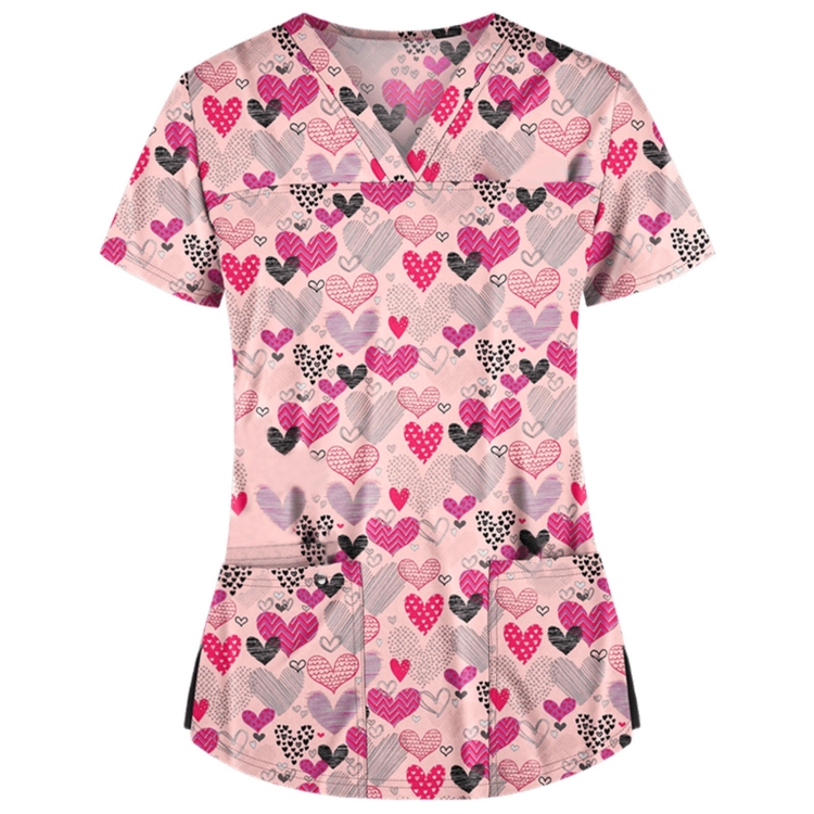 Loose Printed Hedging Thin T-shirt Nurse Uniform (Color:Red Size:L)