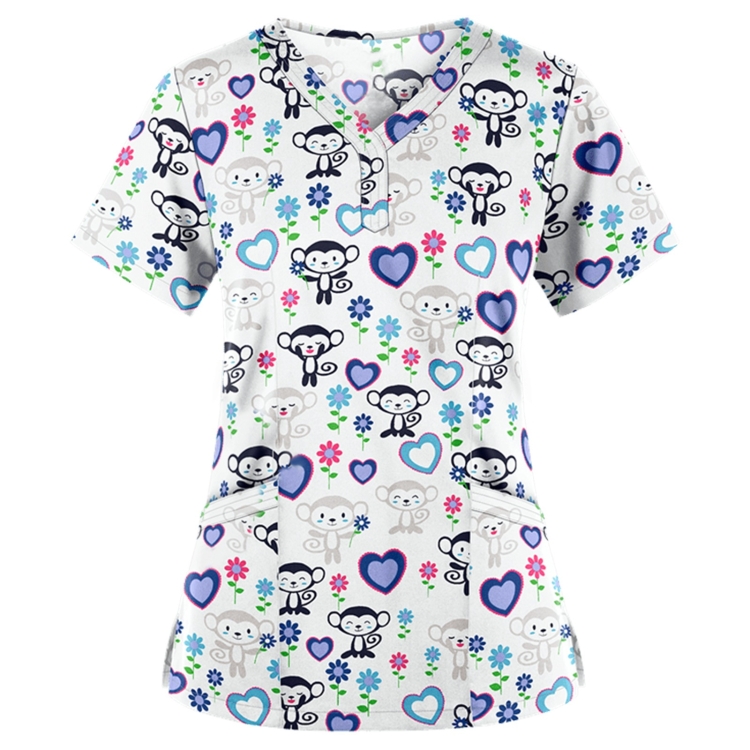 Loose Printed Hedging Thin T-shirt Nurse Uniform (Color:White Size:M)