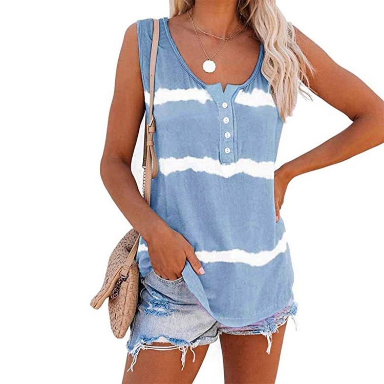 Loose Tie-dye Striped Printed Vest T-shirt for Ladies (Color:Light Blue Size:M)
