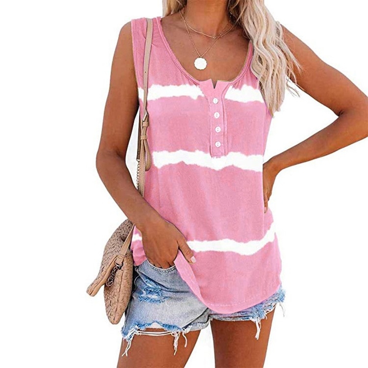 Loose Tie-dye Striped Printed Vest T-shirt for Ladies (Color:Pink Size:M)