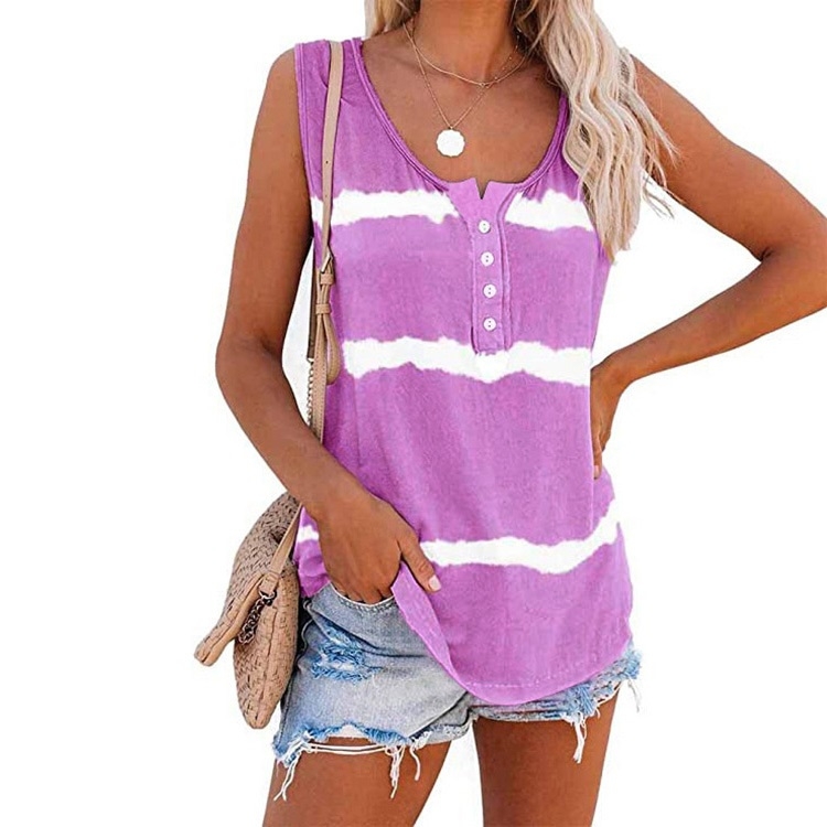 Loose Tie-dye Striped Printed Vest T-shirt for Ladies (Color:Purple Size:XXL)