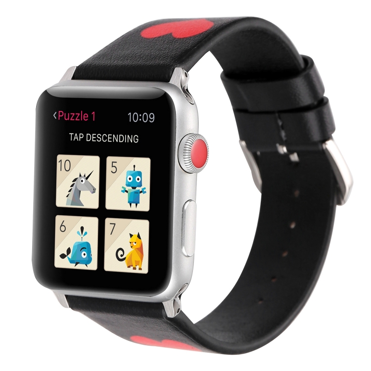 Love Series Leather Watch Band For Apple Watch Ultra 49mm&Watch Ultra 2 49mm / Series 9&8&7 45mm / SE 3&SE 2&6&SE&5&4 44mm / 3&2&1 42mm(Love On Black)
