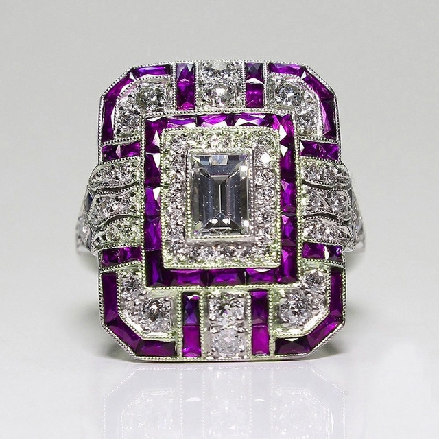 Luxury Square Women Crystal Zircon Engagement Ring, Ring Size:6(Purple)