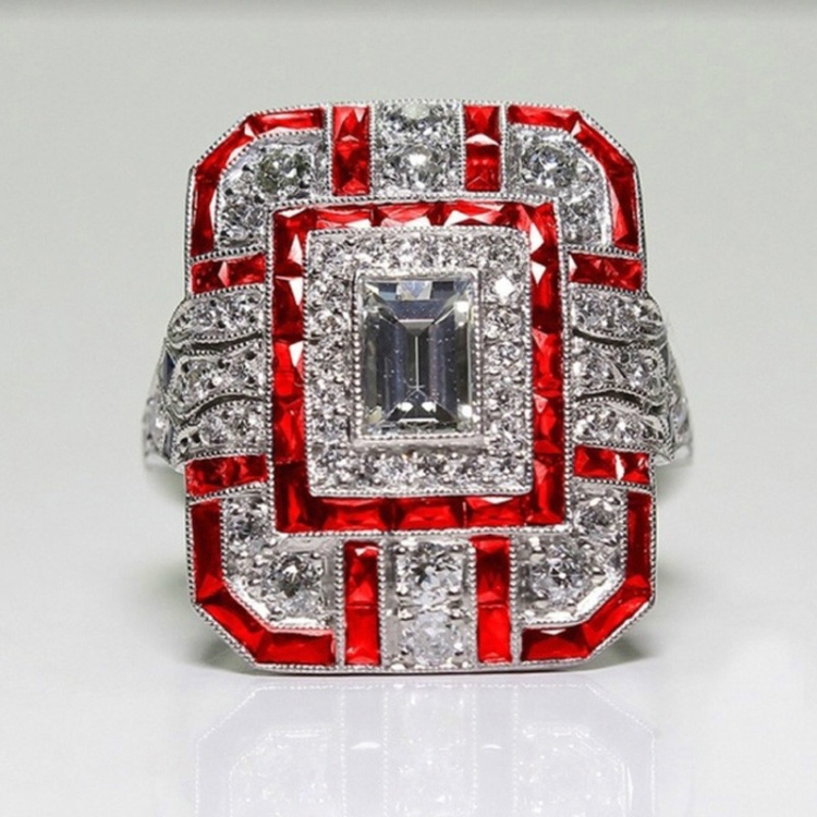 Luxury Square Women Crystal Zircon Engagement Ring, Ring Size:6(Red)